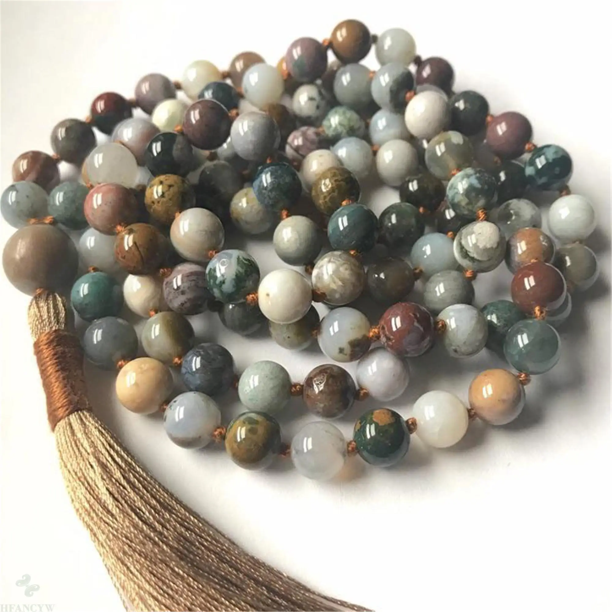 

8mm sea stone jasper silver leaf stone Gemstone108 beads Mala necklace Bless Pray Colorful Elegant Buddhism Fancy Healing