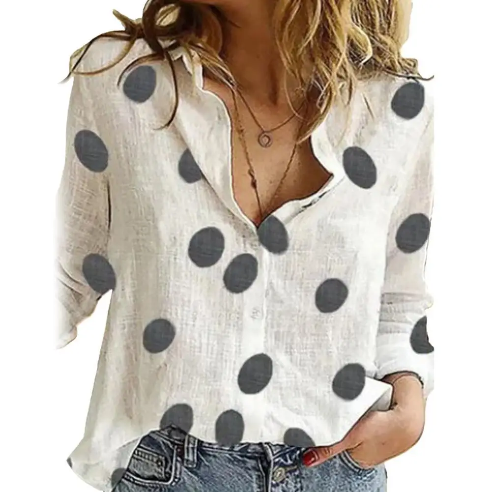 

Fashion ladies white lapel long-sleeved star polka dot chrysanthemum print temperament was thin commuter shirt shirt футболка