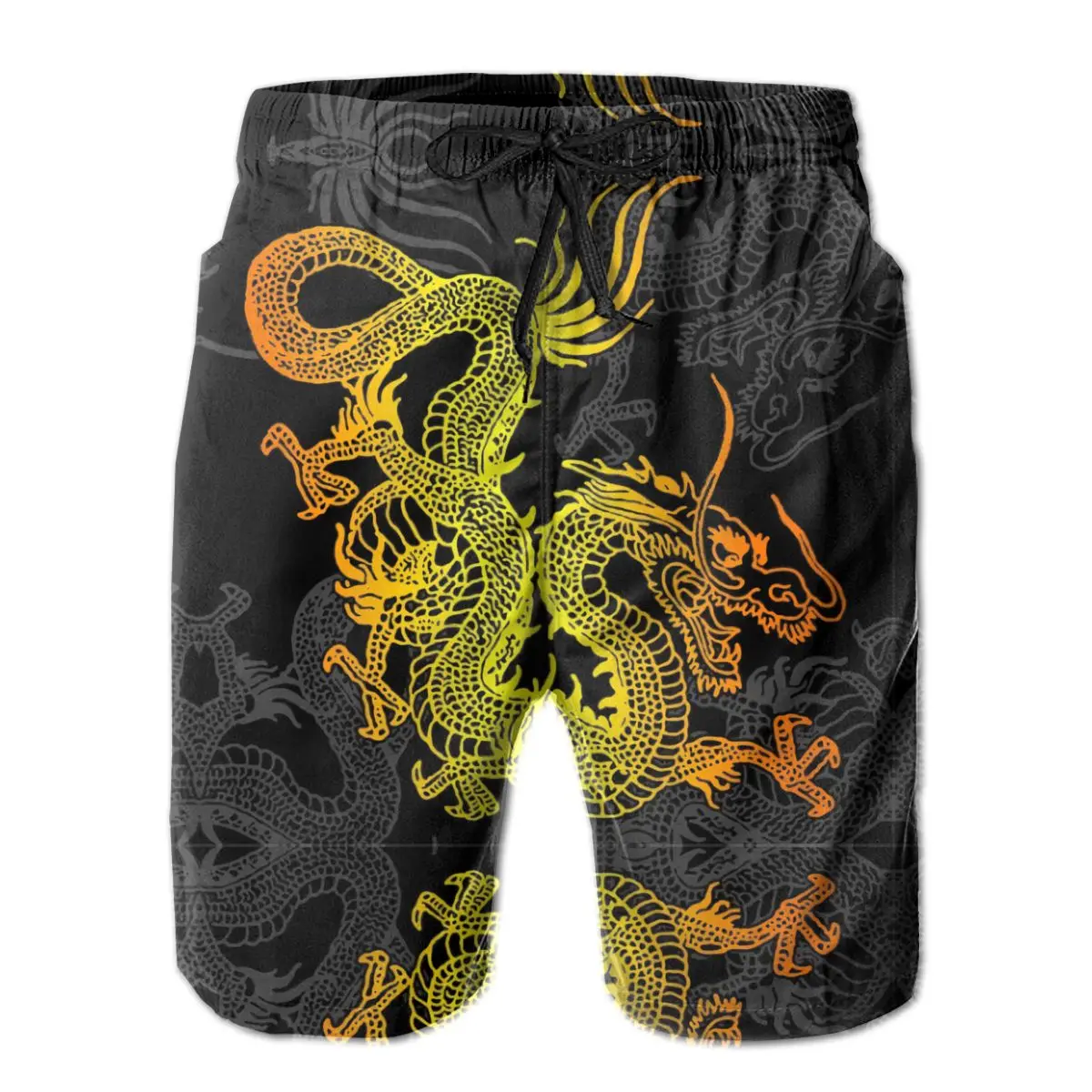 

Causal Breathable Quick Dry Humor Graphic R360 Sports Golden Chinese Dragon Pattern Male Shorts