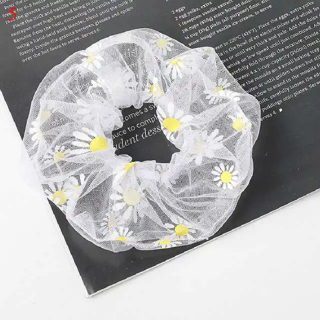 

Sweet Embroidery Flowers Mesh Scrunchies Women Romantic Pink Blue Hair Rope Transparent Tulle Organza Hair Ties Hair Accessories