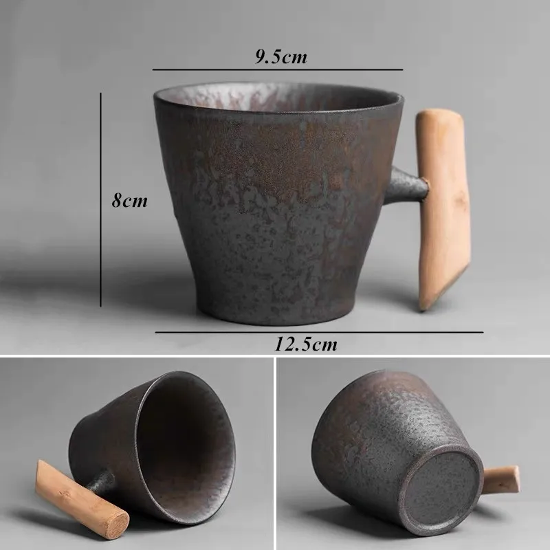 

Japanese Style Ceramic Vintage Office Tea Water Cup Creative Chinese Retro Pottery Coffee Milk Mugs With Wooden Handle Drinkware