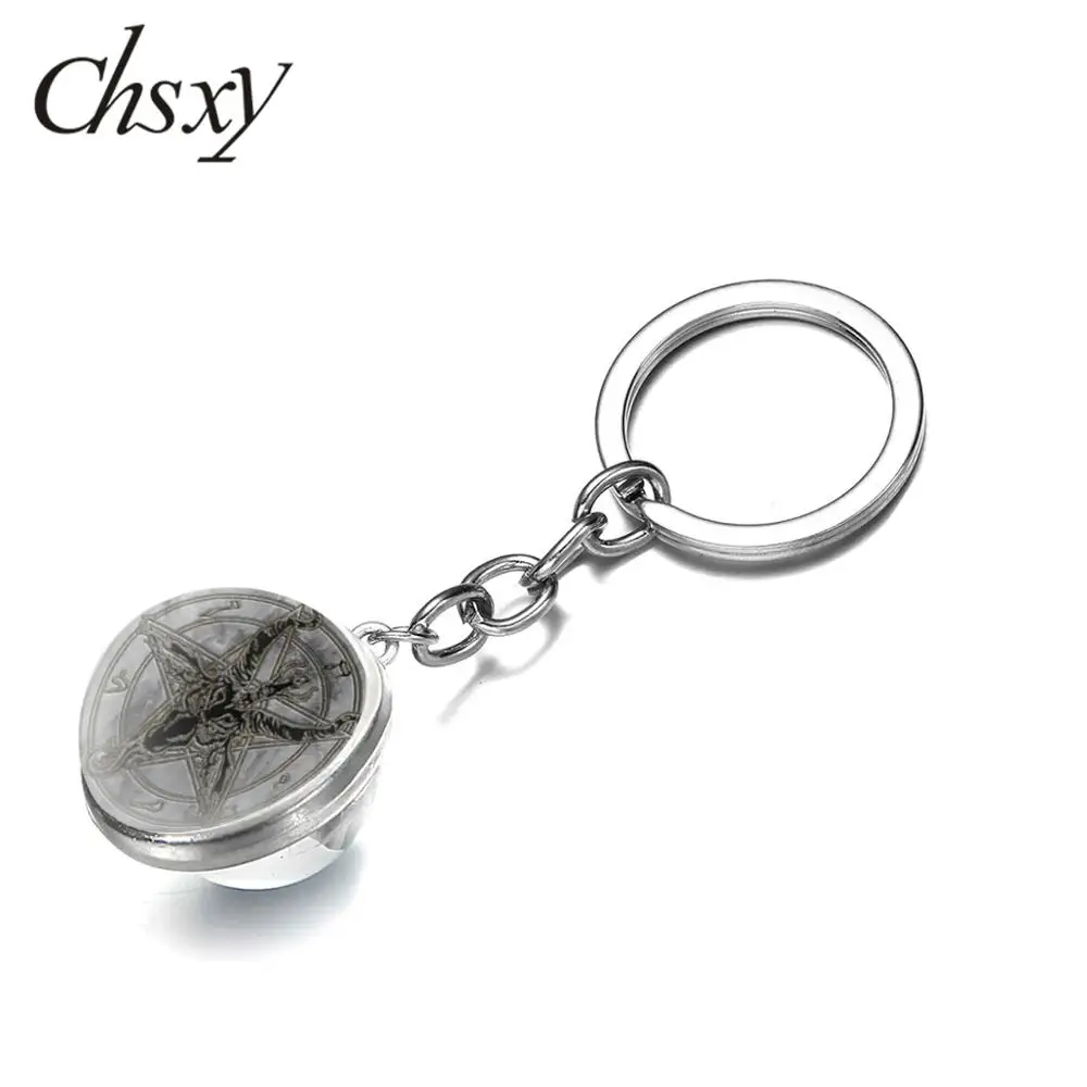 

CHSXY Evil Occult Satan Baphomet Keychain Inverted Pentagram Goat Head Punk Art Pattern Glass Ball Pendant Key Chain Men Jewelry