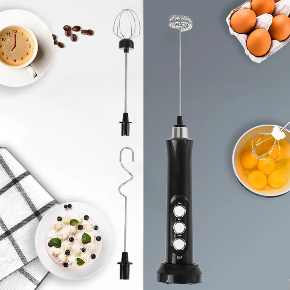 

USB Charging Egg Beater Electric Coffee Mixer Rechargeable Milk Shaker Maker Frother Foamer Handheld 3-Speed Adjustable Blender