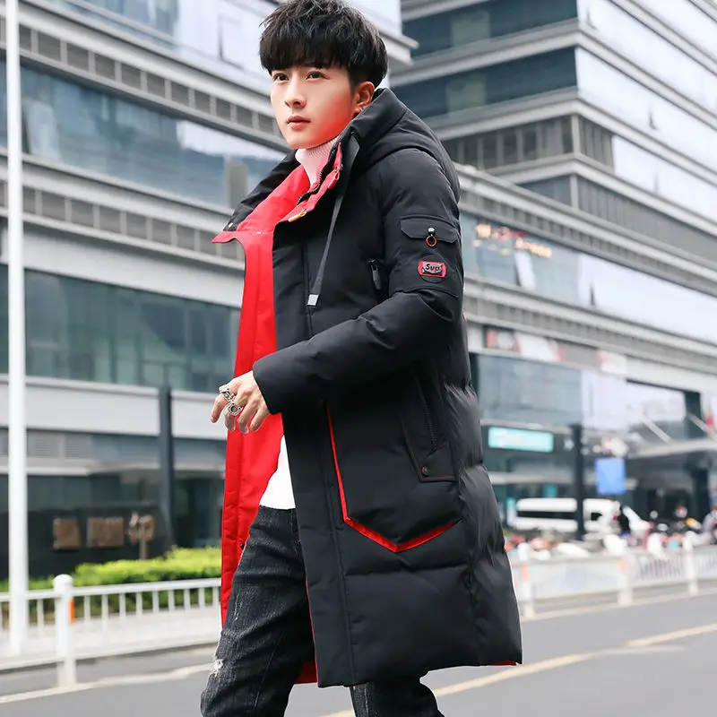 Парка мужская 2019 Новая зимняя куртка с капюшоном Длинная пальто однотонные