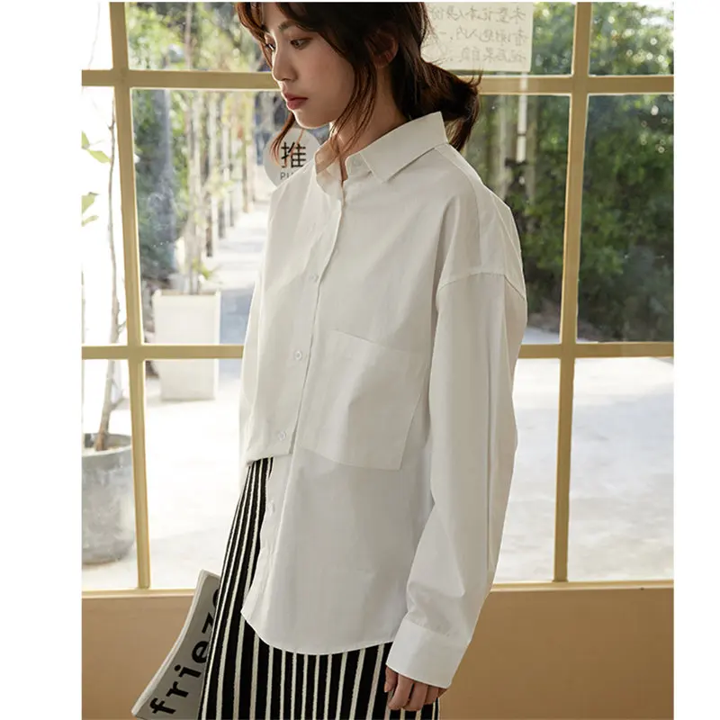 

HziriP White Solid New Spring Minimalist Office Lady Loose All Match Casual Cotton Blouses Full Sleeves Large Size Basic Shirts
