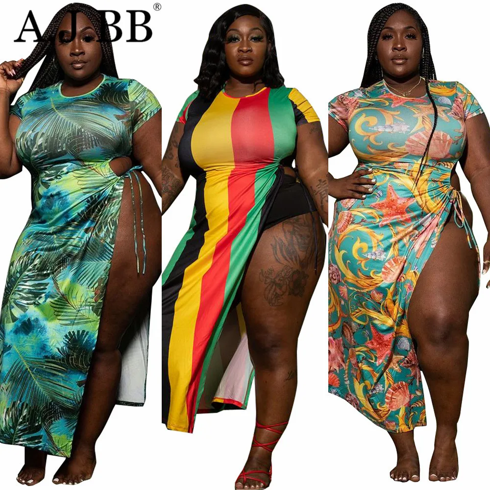 

2021 summer new sexy striped print large dress fashion casual o-neck short sleeve women's T-shirt long skirt