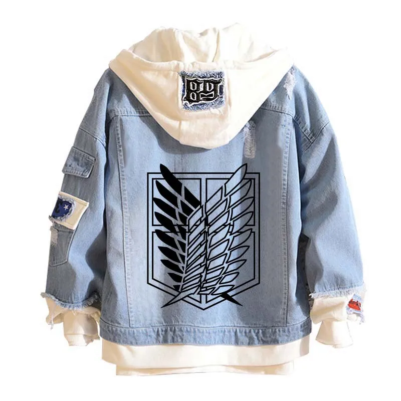 

Spring Anime Denim Jacket Attack On Titan Jeans Coat Shingeki No Kyojin Legion Eren Cosplay Black Blue Autumn Hooded Outerwear