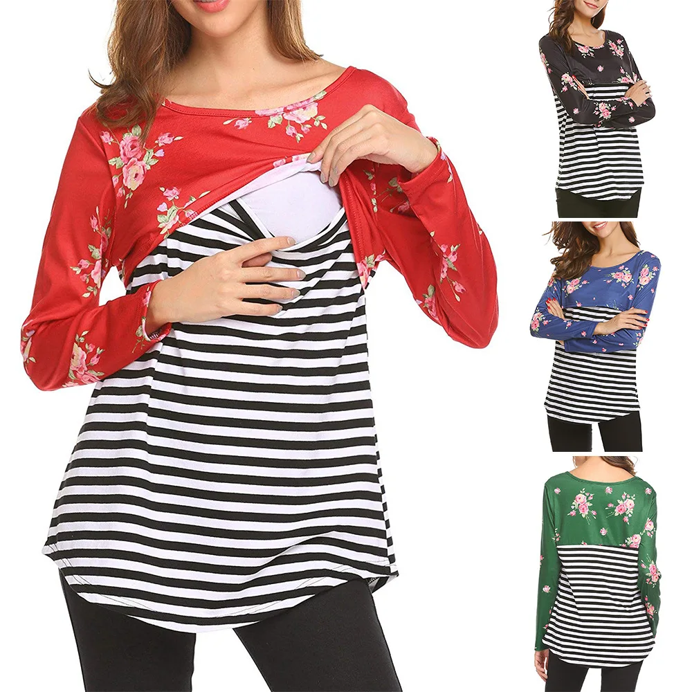 

Fashion Striped Print Maternity Top Womens Nursing Shirt Double Layer Long Sleeve Pregnancy Shirt for Breastfeeding S-XXL
