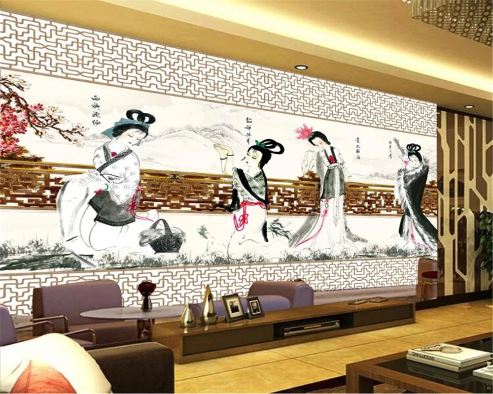 

beibehang Customized 3d mural Chinese ancient four beautiful women living room bedroom background wall painting