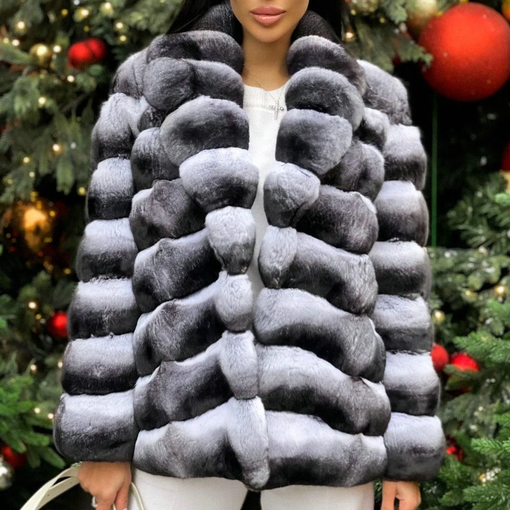 Medium Length Women Natural Rex Rabbit Fur Coat Winter Fashion Full Pelt Rex Rabbit Fur Jacket Turn-down Collar Luxury Fur Coats