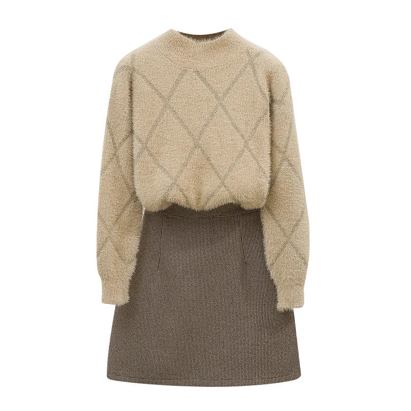 Пуловер свитер костюмы женская новая зимняя модная юбка в клетку студенческий