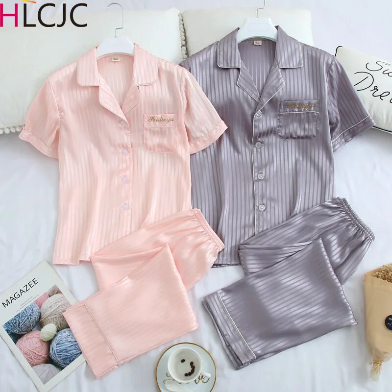 Новая пара пижам набор для женщин мужчин s Шелковый Атласный пижамный комплект