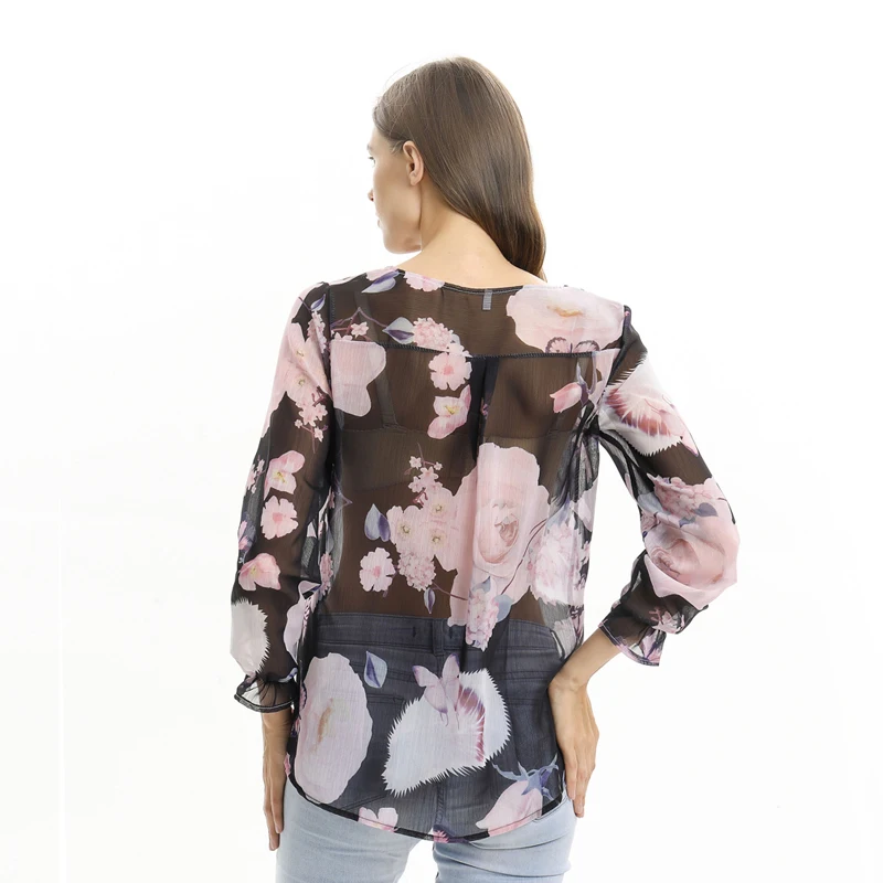 

Lace Loose Women Blouses 2020 Summer Blouse Top Casual Fashion V-Neck Long Sleeve Printed Women's Chiffon Shirt