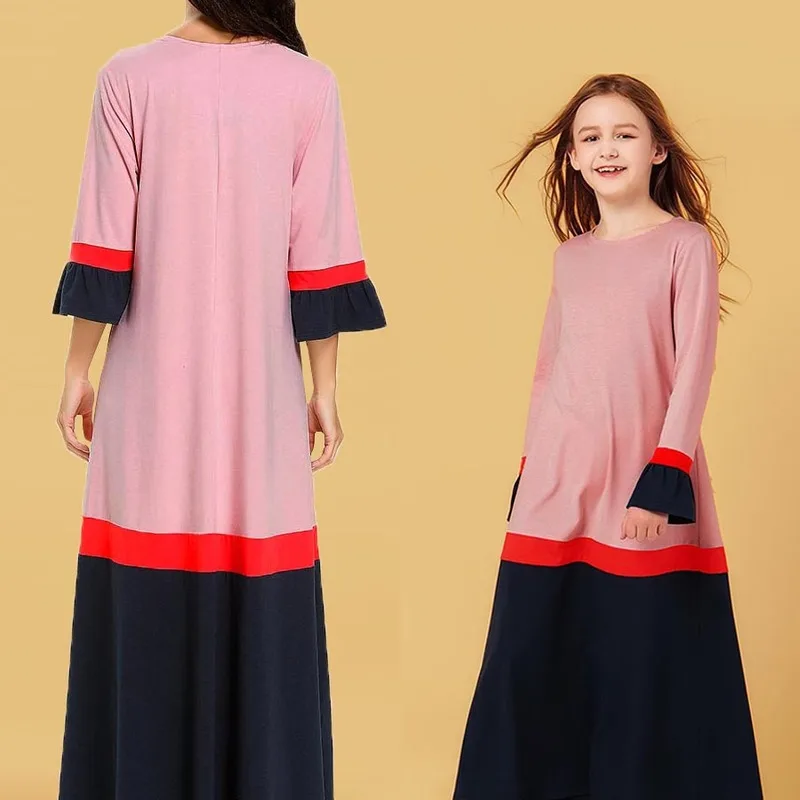 girl's Pink long sleeve round neck dress Muslim mom daughter dresses | Мать и ребенок