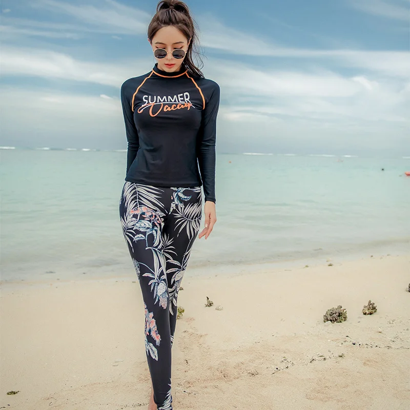 SANQi female swimsuit women's split boxer long-sleeved trousers conservative slimming quick-drying small chest gathered swimwear | Спорт и