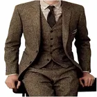 Новинка, дизайнерские брюки-пальто, коричневая твидовая официальная модель, зимний облегающий костюм из 3 предметов, смокинг, мужская куртка + жилет + брюки