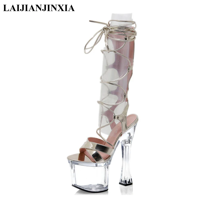 

7 Inch Gladiator Punk Lace Up Boots High Stripper Heels Peep Toe Concise Platform Sandals Sexy Fetish Nightclub Pole Dance Shoes