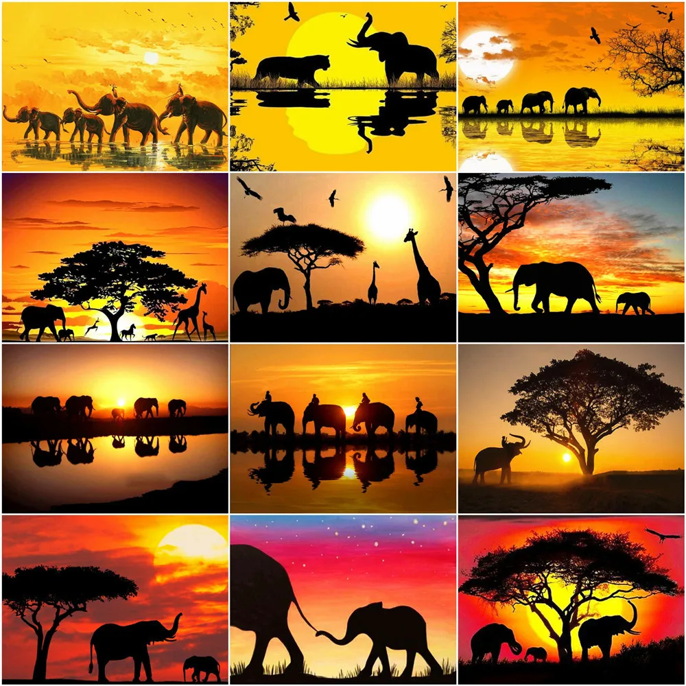 

AZQSD Diamond Art Painting Kits Elephant Sunset Home Decor Diamond Mosaic Animal Cross Stitch Picture Of Rhinestones Needlework