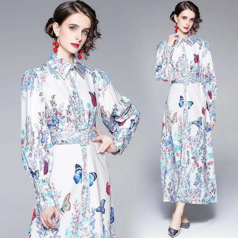 

Women Autumn Elegant Dress Shirt High Quality Long Maxi Vintage Party Robe Femme Runway Butterfly Designer Vestidos 5646