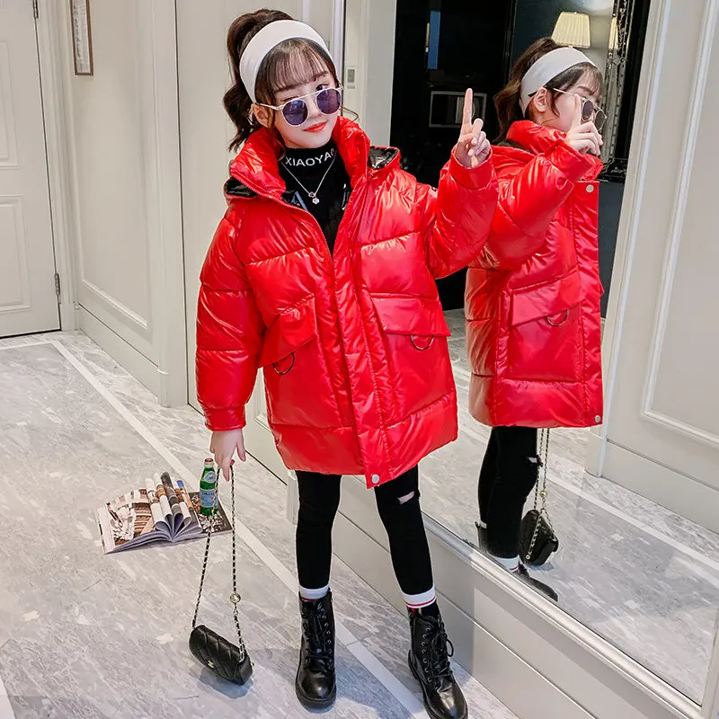 

Модное блестящее зимнее хлопковое пальто для подростков ветрозащитная куртка с капюшоном для маленьких девочек теплая детская одежда для ...