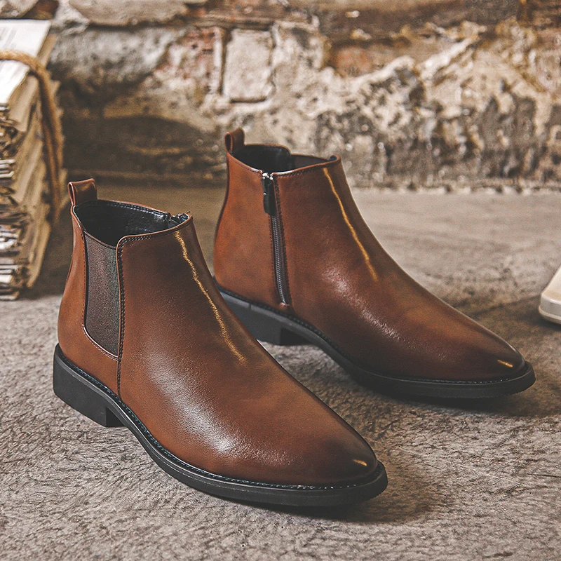 

Spring Autumn New Fashion Vintage Men Shoes Pointed Toe Dress Ankle Boots British Designer Shoes Chelsea Boots Zipper