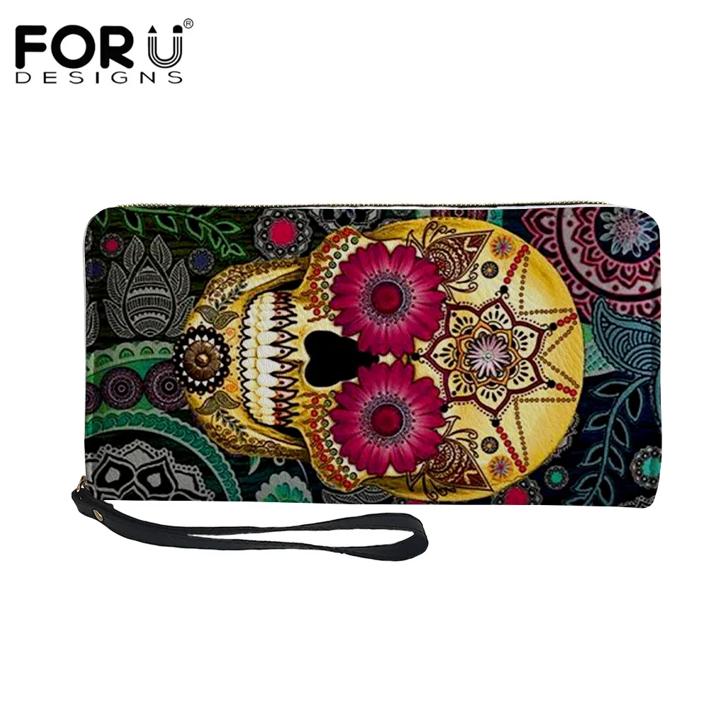 

FORUDESIGNS 3D Cool Skull Printed Luxury Woman Zipper Long Wallet Fashion Wristlet Wallet Ladies Simple Card Holder Coin Purse