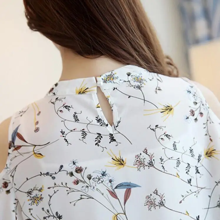 

Nice New Chiffon Print Blusas Floral Shirt Womens Elegant Open Shoulder Blouses Women Chic Cute Plus Size Female Tops