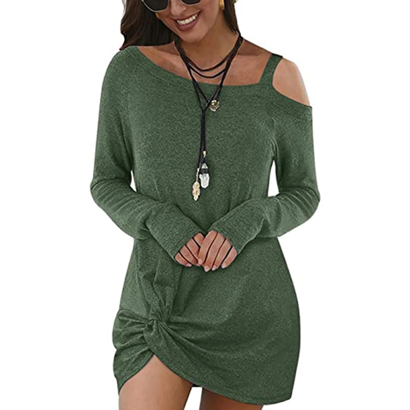 

Long Sleeve Front Twist Knot Dress Women Sexy Off Shoulder Dresses Female Casual Solid Color Casual Vestidos