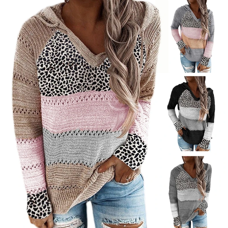 

Women Long Sleeve V-Neck Knit Hoodies Sweater Leopard Print Color Block Striped Drawstring Sweatshirt Loose Jumper Tops
