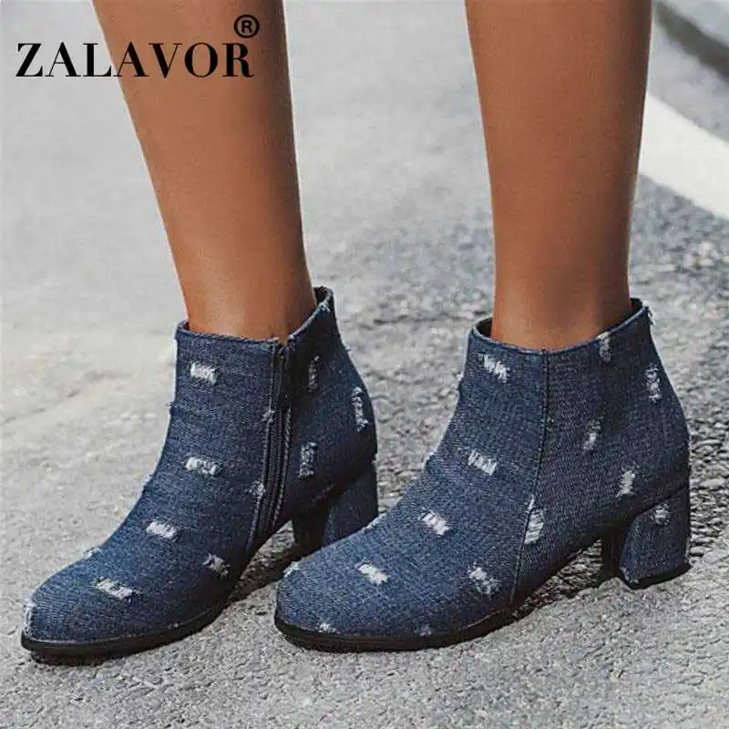 ZALAVOR/новые женские джинсовые Ботильоны на молнии с круглым носком обувь толстом