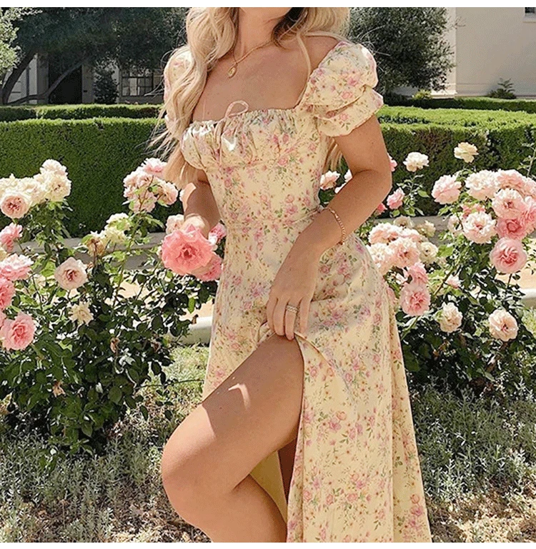

2021 new printed French floral halter slim sling dress women