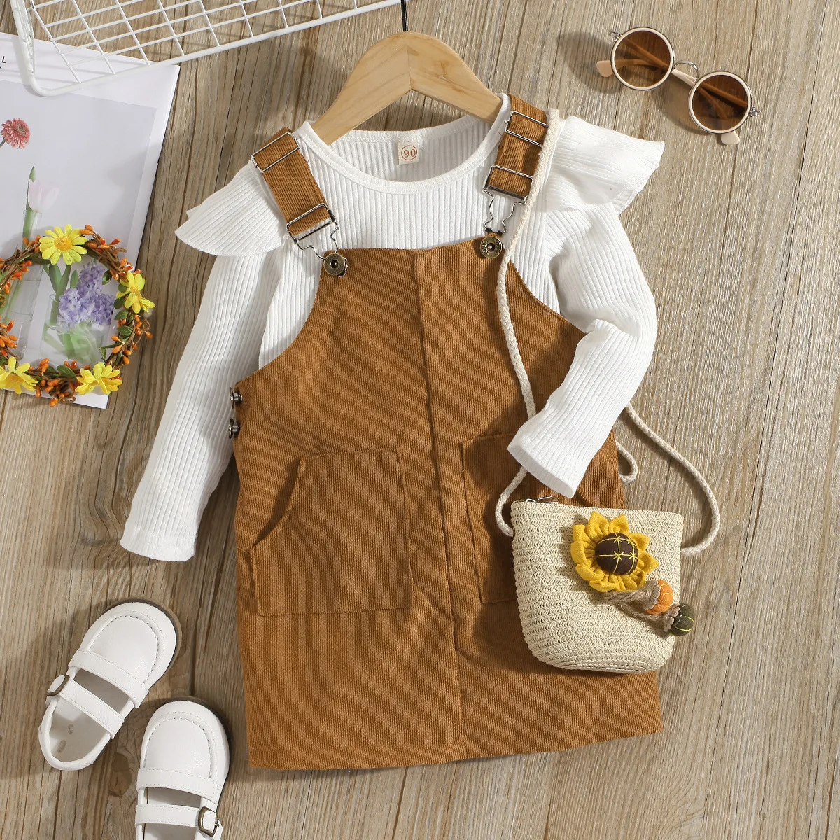 Fashion Kid Clothes Girls Soild Color Long Sleeve Corduroy Top+Strap Dress 2pcs Suit Spring New Children Girls Set  Baby Dress