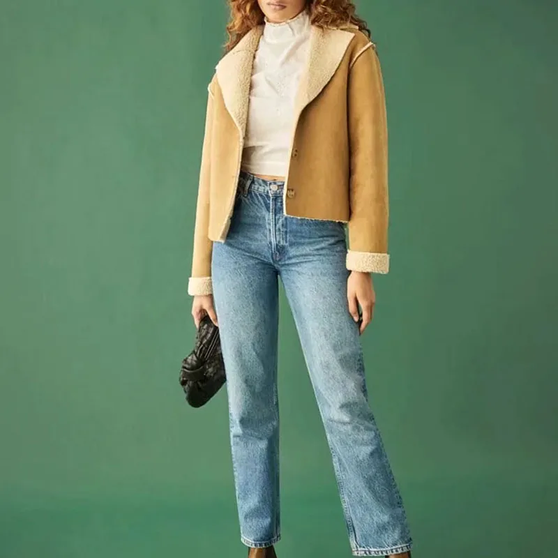 

Women's Fashion Man Made Lamb Fur Deerskin Composite Lapel Chic Short Jacket Autumn And Winter New Style