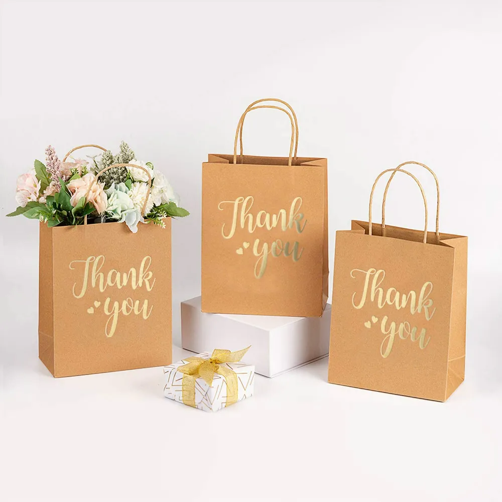 10 Pcs Medium Size Gift Bags - Gold Foil Thank You Brown Paper Bags With Handles For Wedding Birthday Baby Shower Party Favors
