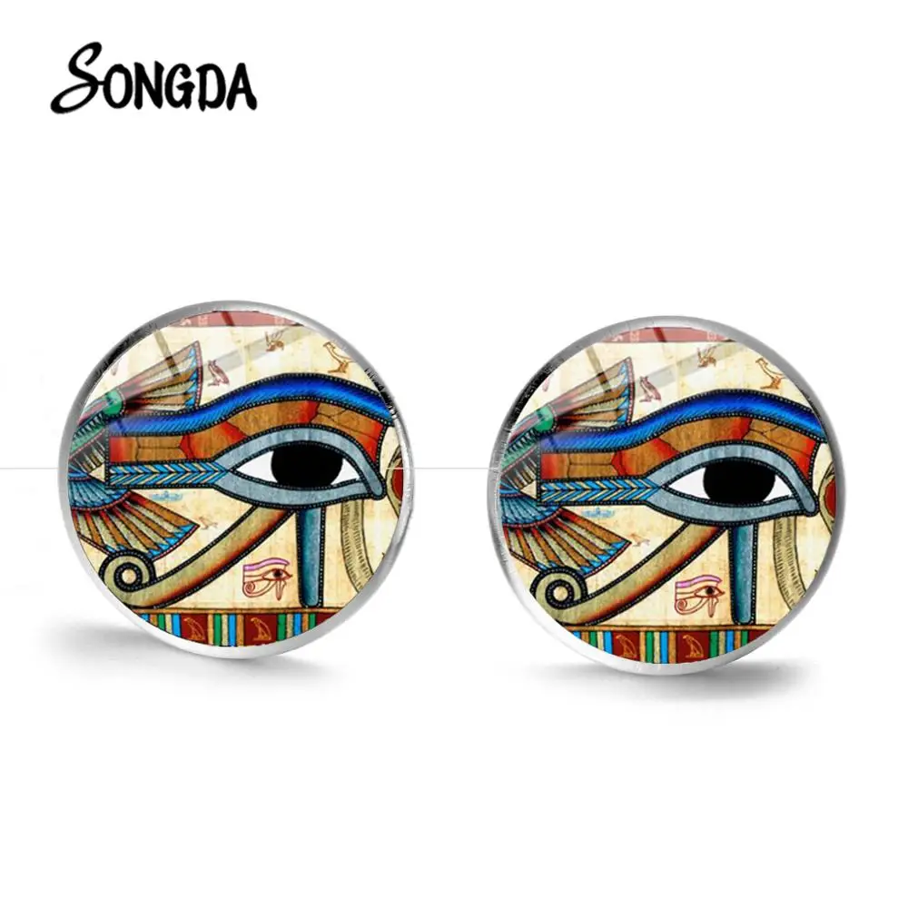 Vintage Eye of Horus Stud Earrings Egyptian Ankh Anubis Third Eye Pattern Glass Dome Delicate Earring for Men Women Jewelry Gift