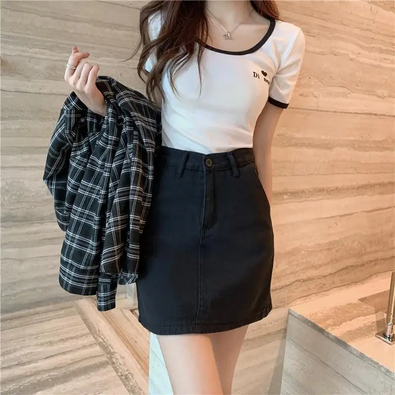 

Женская джинсовая юбка-трапеция, Повседневная винтажная облегающая юбка из денима с высокой талией, модель F347 на весну и осень, 2021