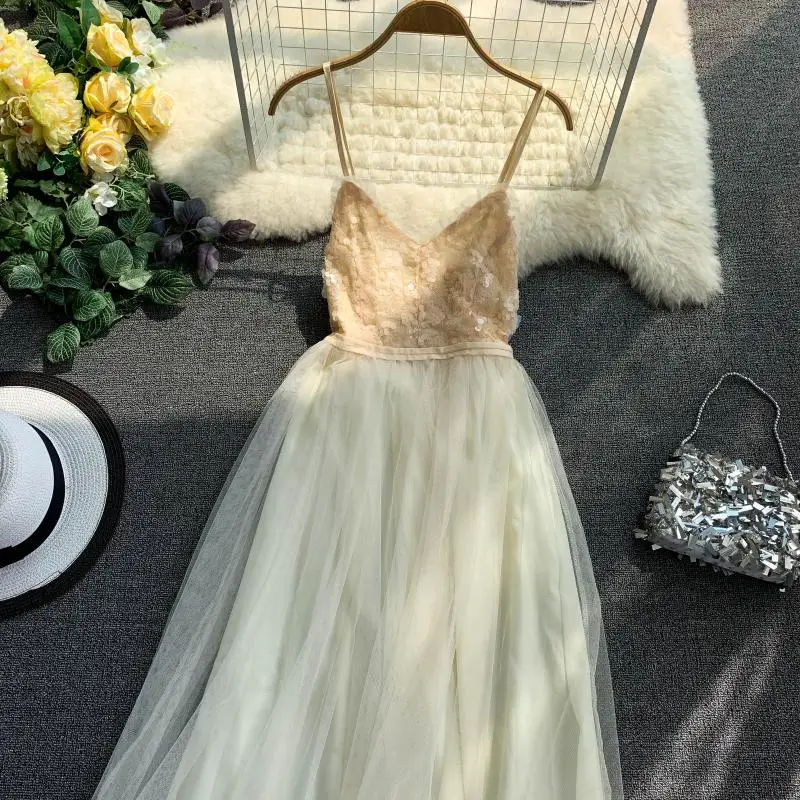 Летнее женское платье 2019 с v-образным вырезом и пайетками Сетчатое открытой