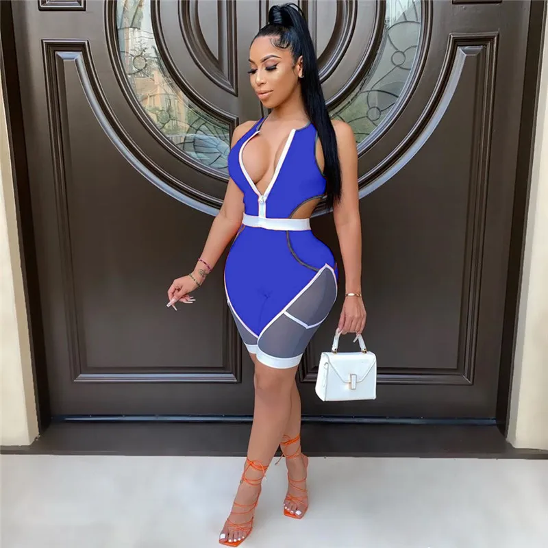 

CHRONSTYLEPlaysuits 2021 Sexy Women Hollow Out One-piece Deep V-neck Zip Up Patchwork Jumpsuits Sleeveless Biker Shorts Rompers