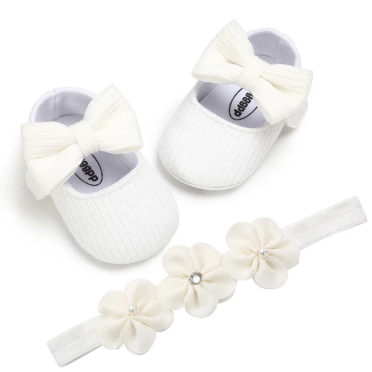 

Hairband Bowknot Knitted shoes Baby Girl Baptism Shoes Infant Newborn First Walkers Girl Birthday Christening Party bed Shoes