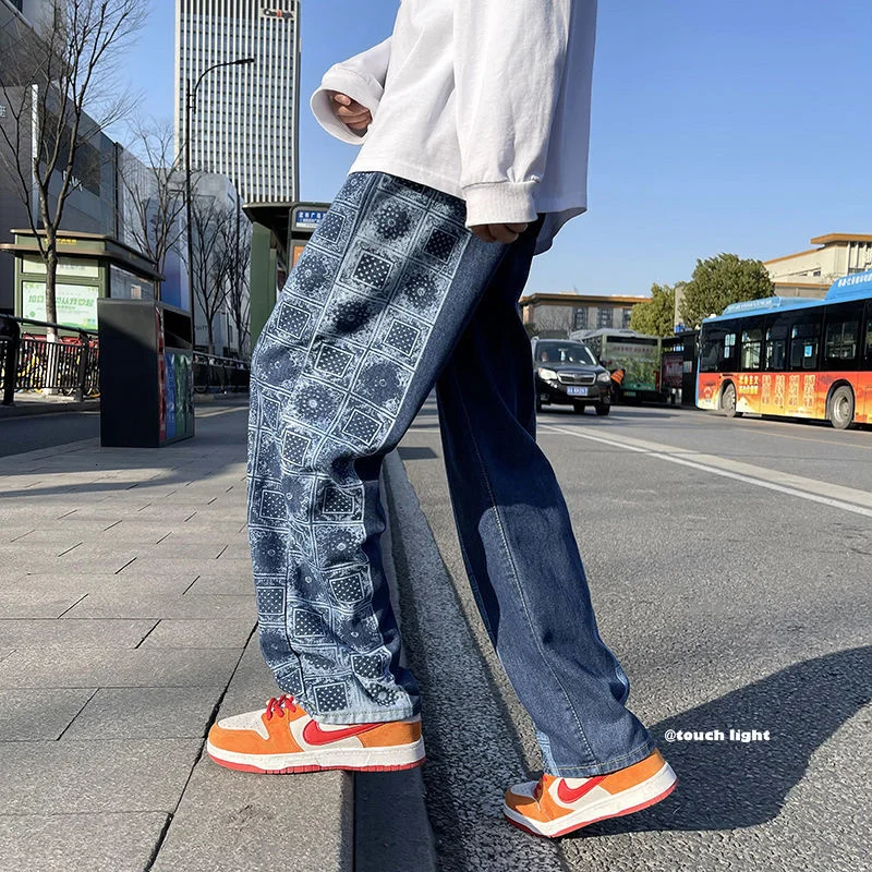 

Stitching Printed Jeans Men's Trendy Loose Straight-leg Pants Wild Wide-leg Japanese Harajuku Denim Trousers Four Seasons S-3XL