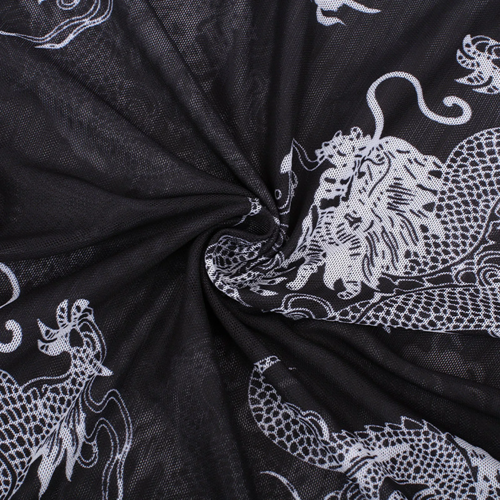 

Women Spring Summer Sexy T-shirt Adults See-through Dragon Print Long Sleeve Round Neck Mesh Pullover