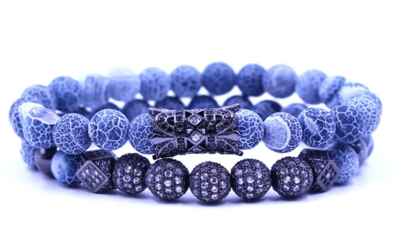 

8mm 2PCS/Set xg5r3 elastic adjusted nature grey weathering agate micro pave cz zircon cubic zirconia tube Bracelet