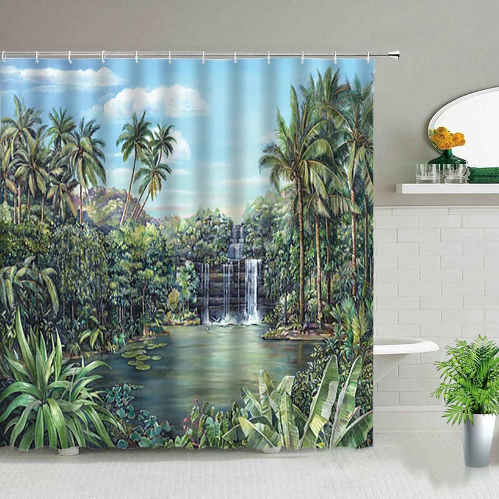 green tropical plants forest shower curtains palm tree flower bird leaves 3d printing bathroom decor waterproof bath curtain set free global shipping