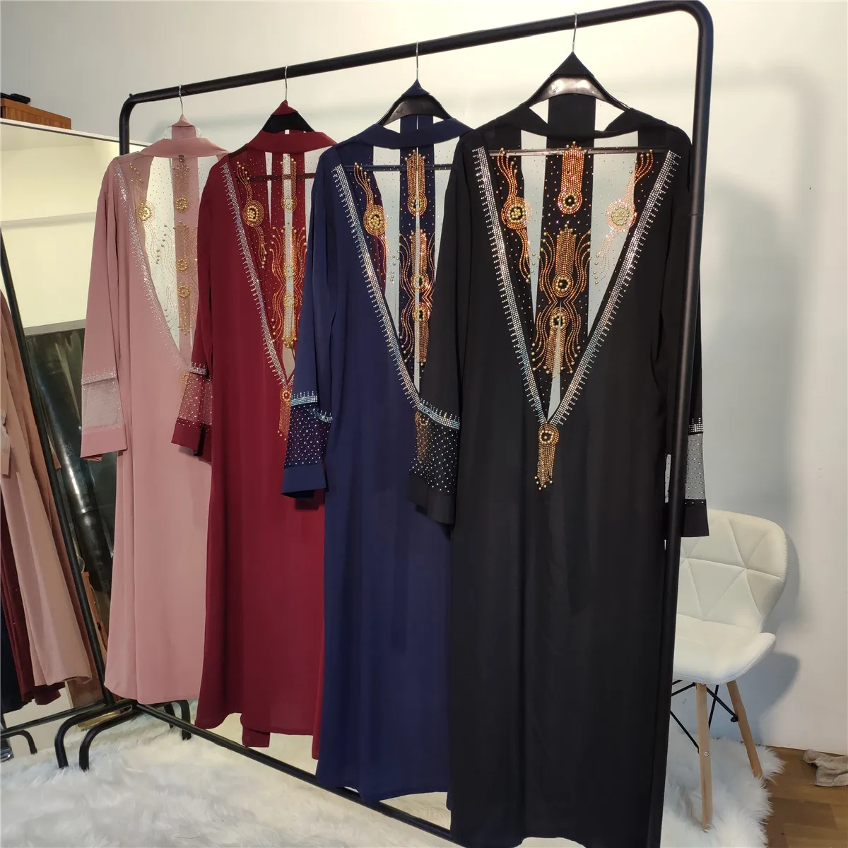 

Donsignet Muslim Dress Muslim Fashion Mesh Stitched Hot Drill Muslim Cardigan Robe Belt Middle East Eid Duabi Abaya Turkey Robe