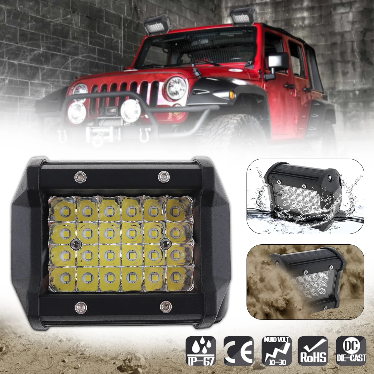 

4 Inch 72W 10800LM Waterproof Car Work Light Spot Lamp with Four Rows light Bars Sides & Middle for Off-road Cars Pickup Wagon