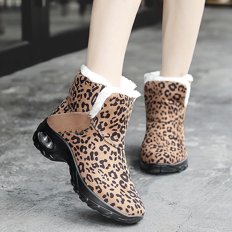 

Женские ботильоны с леопардовым принтом, зимние теплые ботинки на толстой плюшевой подкладке, на платформе, большие размеры до 43