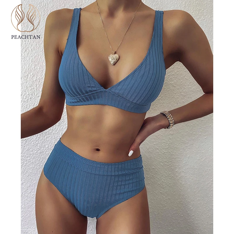 

FAKUNTN Sexy solid ribbed bikinis 2021 mujer High waist swimsuit women V neck swimwear female Sport bathing suit Stripe biquini