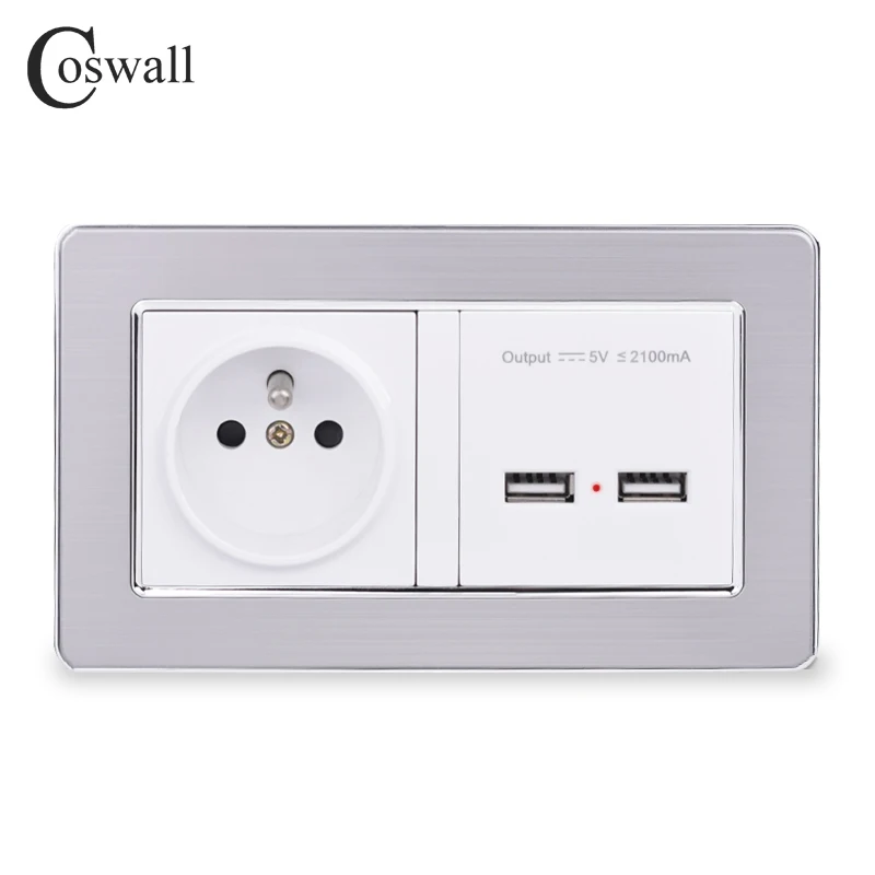 COSWALL настенная розетка, французский стандарт, розетка с двумя USB, умный индукционный порт зарядки, 5 В, 2.1A выход, панель из нержавеющей стали