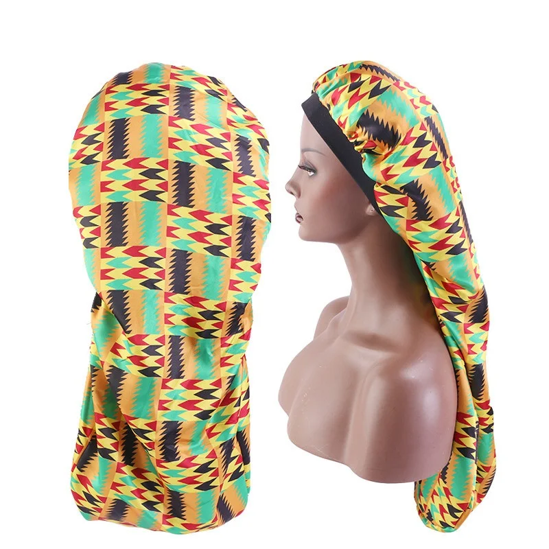 

Extra Long African Print Satin Hair Bonnet Adjustable Button with Soft Elastic Band Large Sleep Cap for Women Braids to Keep Ha