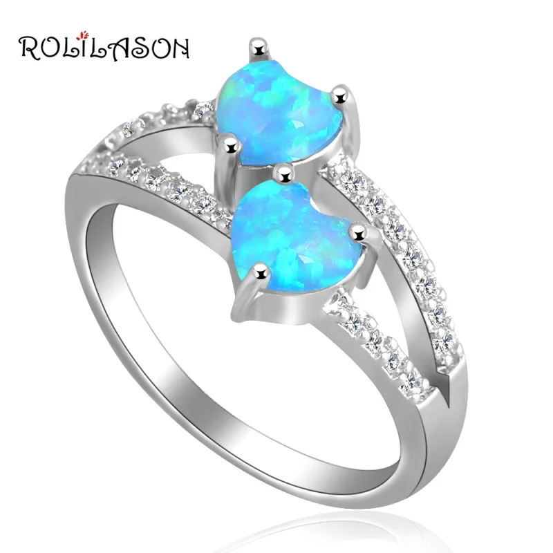 

Anniversary gift for women Two hearts Blue Fire Opal Silver Stamped Fashion Jewelry Rings USA #6#7#7.5#8#8.5#9 OR706